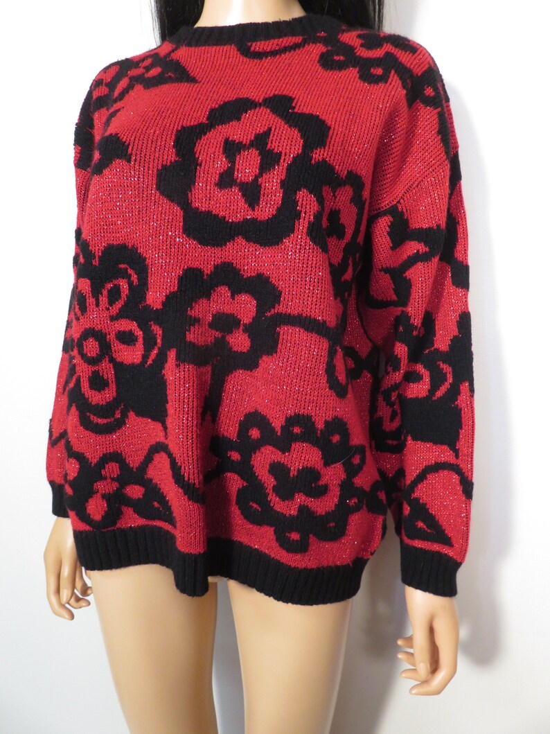 Vintage 80s Red Floral Sparkle Sweater Made In USA Size L image 7