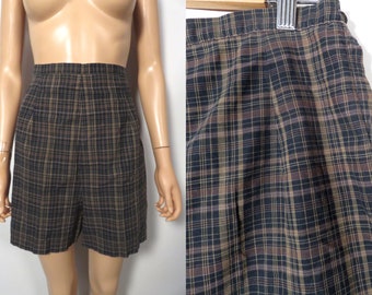 Vintage 60s Dark Plaid High Waist Cotton Side Metal Zipper Shorts With Adjustable Waist Size 27-29