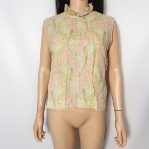 Vintage 60s Neon Paisley Ruffle Frilly Collar Button Back Lightweight Top Size M/L image 10