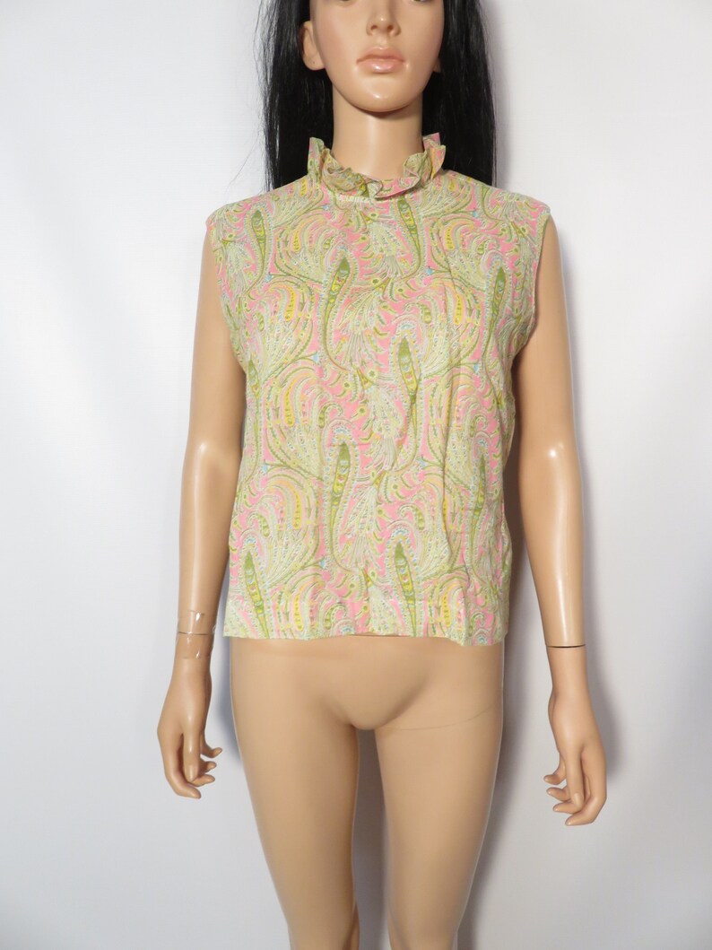 Vintage 60s Neon Paisley Ruffle Frilly Collar Button Back Lightweight Top Size M/L image 10