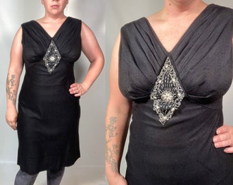 Vintage 70s Plus Size Black Beaded Diamond Party Dress Size XL