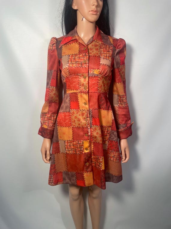 Vintage 70s Patchwork Print Mini Button Front Dre… - image 1