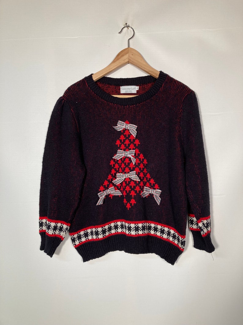 Vintage 90s Christmas Tree All Cotton Sweater With Bows Made In USA Size M/L image 3