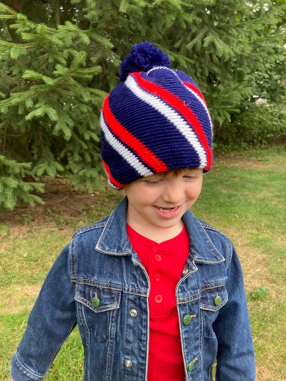 Vintage 70s Kids Red White and Blue Striped Beanie With  display picture 1