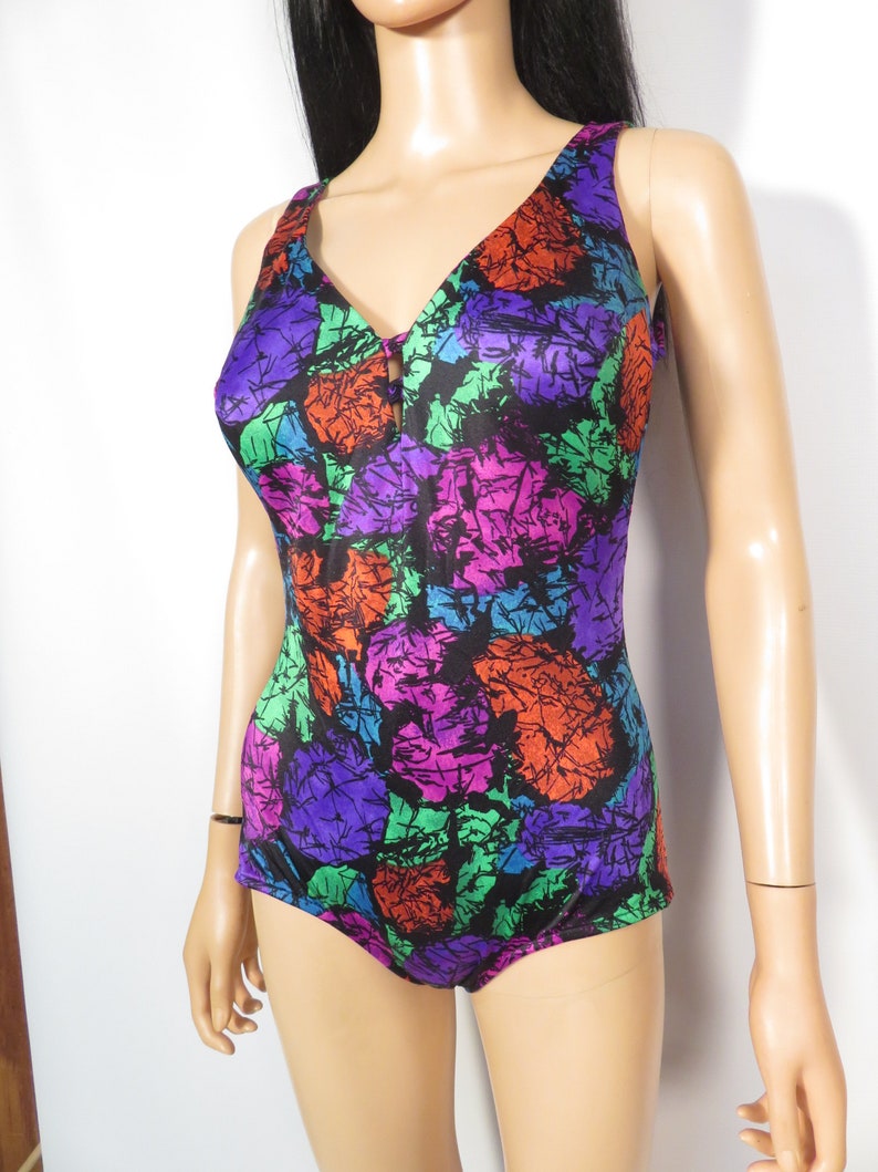 Vintage 80s Does 60s Pin Up Abstract Print One Piece With Adjustable Straps Size 14 L Made In USA image 10