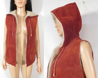 Vintage 70s Suede Hooded Vest With Fuzzy Lining Size M