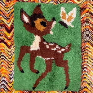 Vintage Latch Hook Deer Butterfly Wall Hanging Bambi image 1