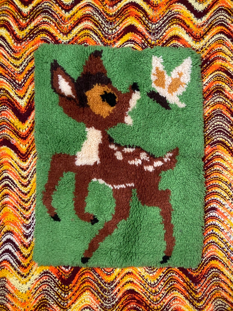 Vintage Latch Hook Deer Butterfly Wall Hanging Bambi image 1