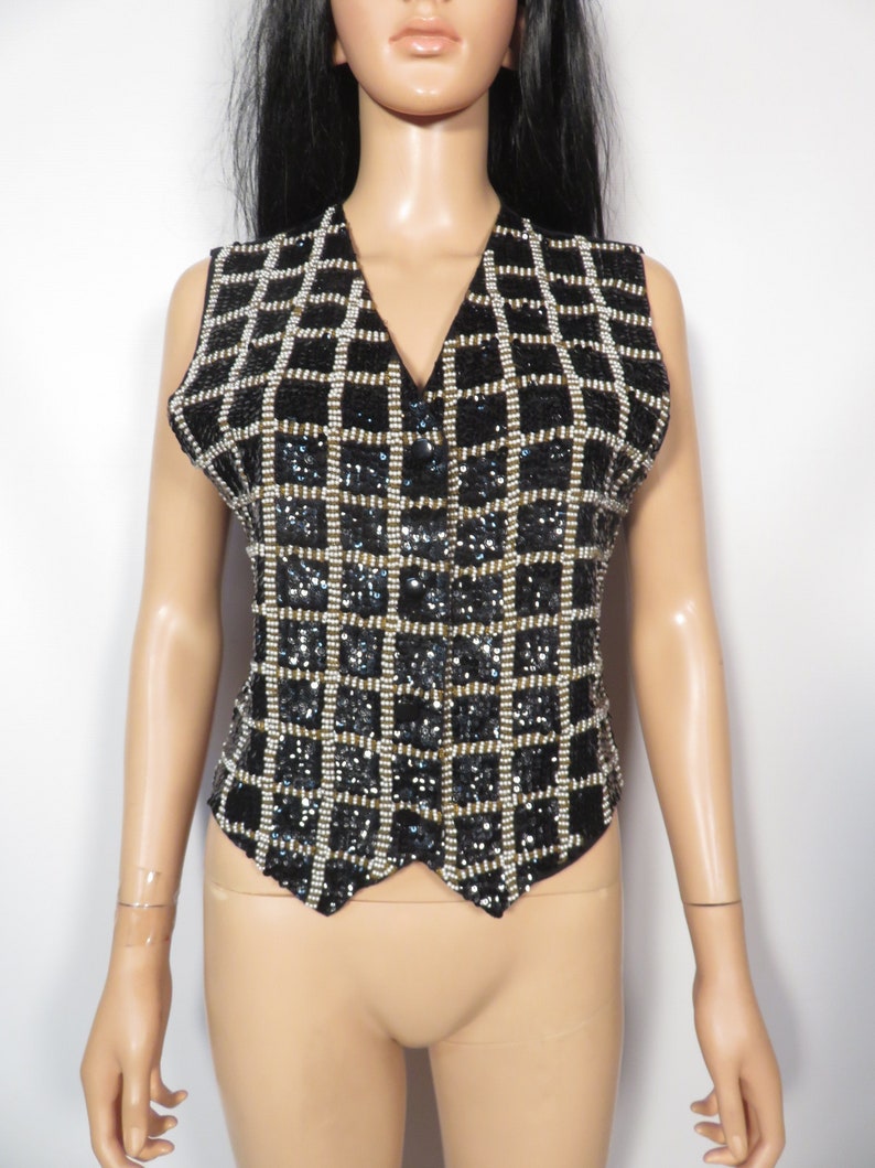 Vintage 80s Beaded Sequin Holiday Vest Size M image 7