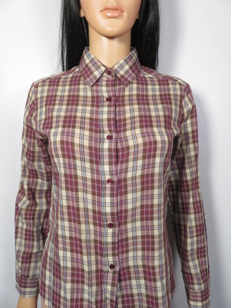 Vintage 70s Paper Thin Plaid Blouse Size M image 9