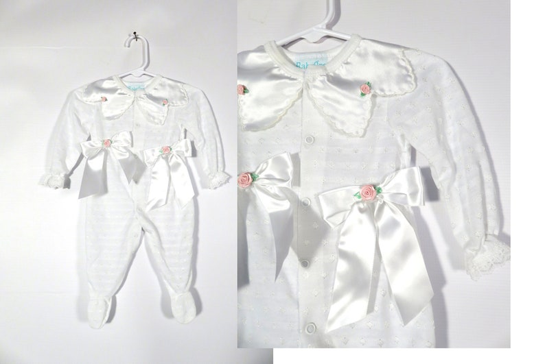 Vintage 80s Baby Girls Satin Petal Collar And Bows Onesie Made In USA Size M 0-3M image 1