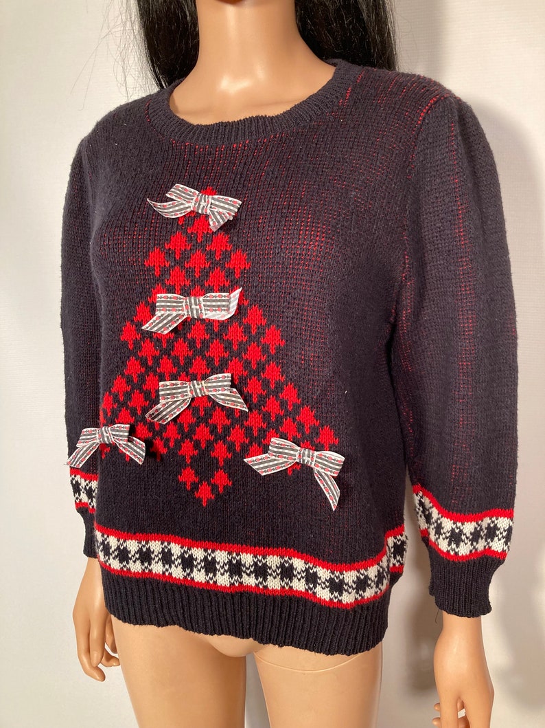 Vintage 90s Christmas Tree All Cotton Sweater With Bows Made In USA Size M/L image 8