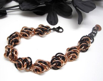 Rose Gold and Black Chainmaille Bracelet, Double Cloud Chainmail Woman’s Bracelet