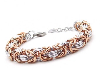 Rose Gold and Silver Byzantine Chain Mail Bracelet, Woman's Chainmail Bracelet