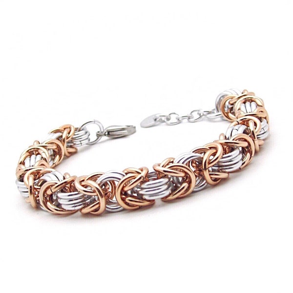 Rose Gold and Silver Byzantine Chain Mail Bracelet, Woman's Chainmail Bracelet