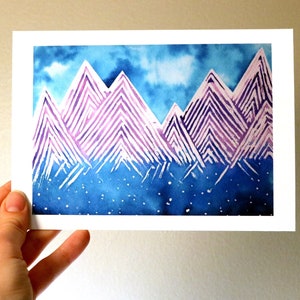 Watercolor Mountain Dreamscape Art Print Purple Mountain Star Wall Art 5x7 image 1