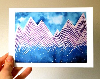 Watercolor Mountain Dreamscape Art Print - Purple Mountain Star Wall Art - 5x7"
