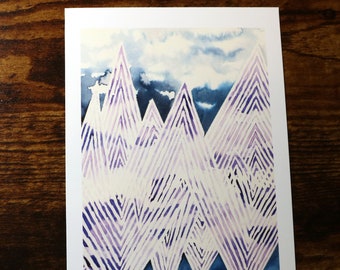 Watercolor Mountain Reflection Art Print - Purple Multi-Dimensional Mountains Wall Art - 5x7"