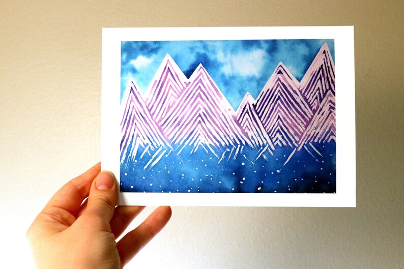 Watercolor Mountain Dreamscape Art Print Purple Mountain Star Wall Art 5x7 image 1