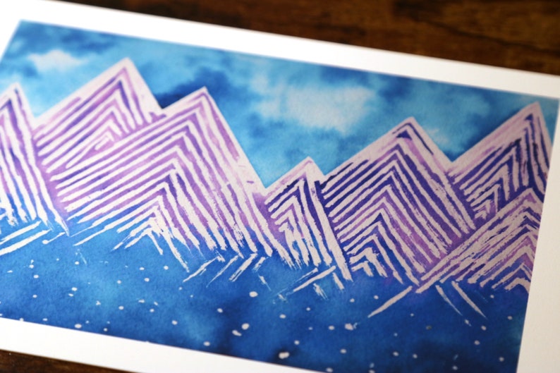 Watercolor Mountain Dreamscape Art Print Purple Mountain Star Wall Art 5x7 image 3