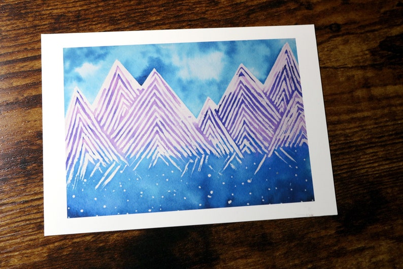 Watercolor Mountain Dreamscape Art Print Purple Mountain Star Wall Art 5x7 image 2