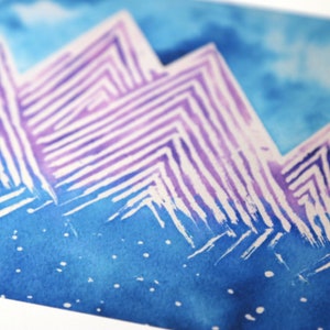 Watercolor Mountain Dreamscape Art Print Purple Mountain Star Wall Art 5x7 image 4