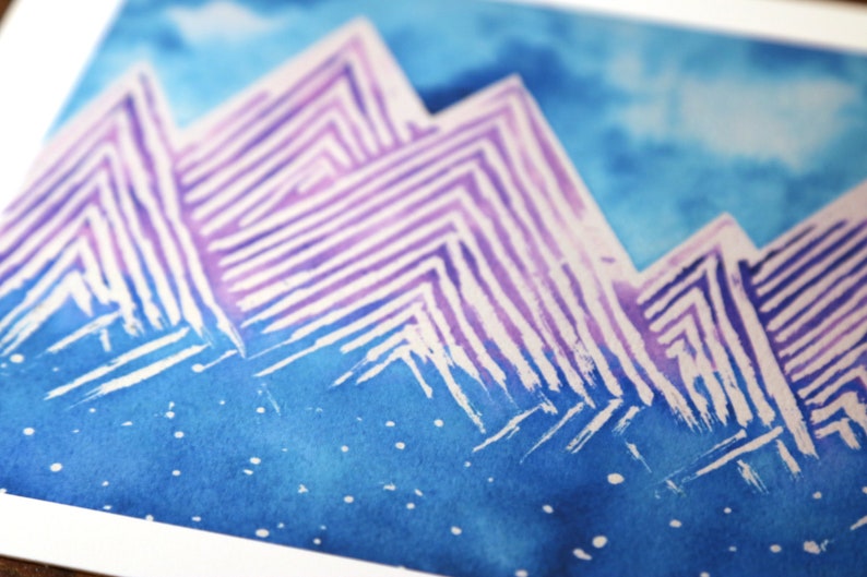 Watercolor Mountain Dreamscape Art Print Purple Mountain Star Wall Art 5x7 image 4