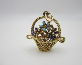 14K Yellow Gold/Enamel Flower Basket Pendant, Flowers, Multicolored Flower Pendant, Vintage Pendant