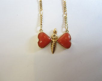 18k Gold Coral Pendant with Chain/ Figaro Style Chain/ Coral Butterfly Pendant/ Vintage Coral/ Coral Dragon Fly