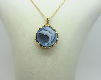 14K Yellow Gold Agate Dolphin Pendant And Chain, Agate Stone, Love of Dolphins