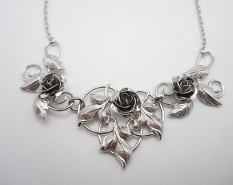 Sterling Silver Rose Necklace, Flower Necklace, Leaves And Flowers, Rope Necklace, For Her