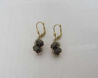 10K Yellow gold Ladies Star Diopside & Diamond Earring, Dangle Earrings, Vintage Earrings, Leaver Back Earrings