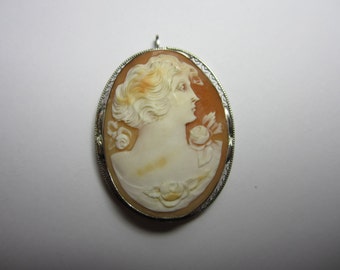 14K White Gold Antique Cameo, Filigree Pendant, Pin Jewellery, Gold Brooch