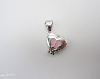 10K White Gold And Enamel Heart/Butterfly Locket, Children's Locket, For Her, Pink Butterfly Locket