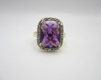 14K Yellow Gold Purple CZ Ladies Ring, Checkered Cut Purple Stone, Halo Style, For Her, Birthstone Ring, February Stone