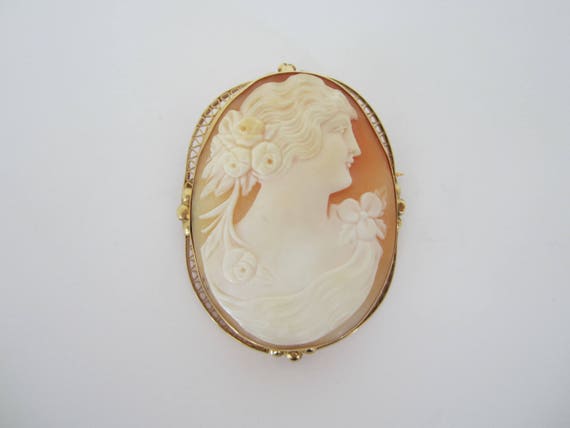 14k Cameo, Yellow Gold Filigree Cameo, Shell Came… - image 1