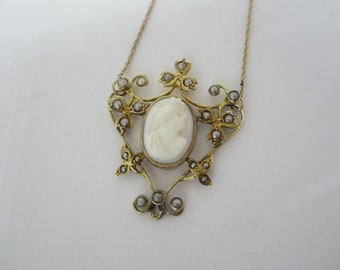 9k Yellow Gold Pendant With a 10k Yellow Gold Chain, Gold Rope Chain, Edwardian Jewellery, Cameo Jewellery