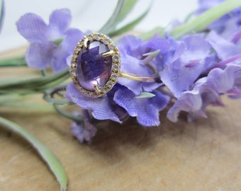 14K Yellow Gold Briloette Cut Purple Stone Ring With Cubic Zirconia's, Ladies Oval Stone Ring, February Birthstone, Synthetic Purple Stone