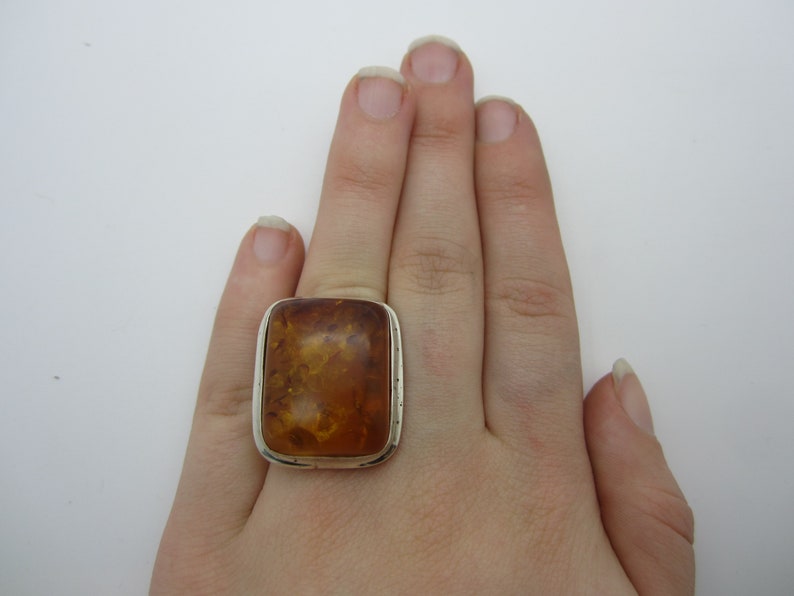 Light Yellow Amber Stone Jewellery Vintage Amber Silver Ring Silver Amber Square Statement Ring