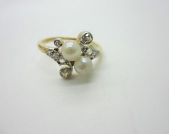 14K Yellow Gold Fresh Water Pearl And Diamond Ring, Rose Cut Diamonds, Pearl and Diamonds