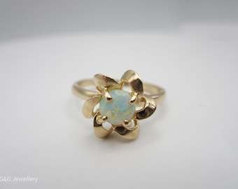 14K Yellow Gold Ladies Opal Ring, Flower Style Opal Ring, October Birthstone, For Her