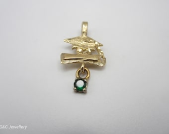 10K Yellow Gold Graduation Cap And Scroll Charm With Green Synthetic Stone, Grad Gift, Special Graduation