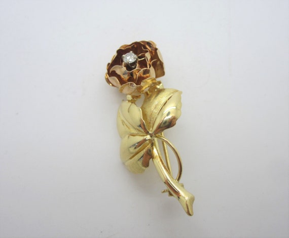 18k Gold Rose Pin, Yellow and Rose Gold Brooch, Di