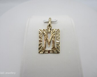 10K Yellow Gold Letter "M" Pendant, Initial Pendant, Unisex Initial Pendant, Square Initial Charm