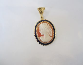 Gold Cameo, 18k Yellow Gold with Blue Enamel Cameo, Shell Cameo