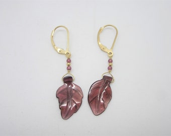Purple Glass Leaf Gold Earrings, Purple Leaf Earrings, Glass Leaf Earrings, 14k Yellow Gold Earrings
