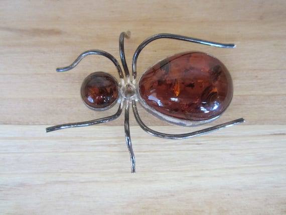 Amber Spider Brooch, Silver Bug Brooch, Sterling S