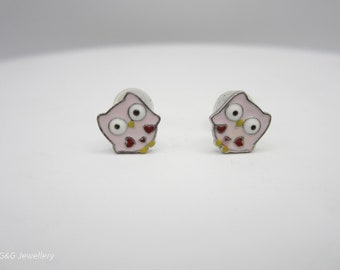 Sterling Silver And Enamel Girl's Owl Stud Earrings, Cute Earrings, Dainty Studs, Bird Earrings