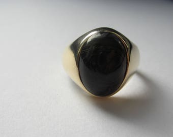 14k Yellow Gold Mens Wood Ring, Oval Ebony Stone Ring, Large Mens Ebony Ring, Wood Jewellery