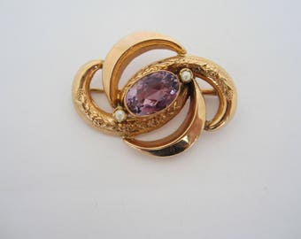 14k Rose Gold Brooch, Purple Stone Brooch, February Birthstone Brooch